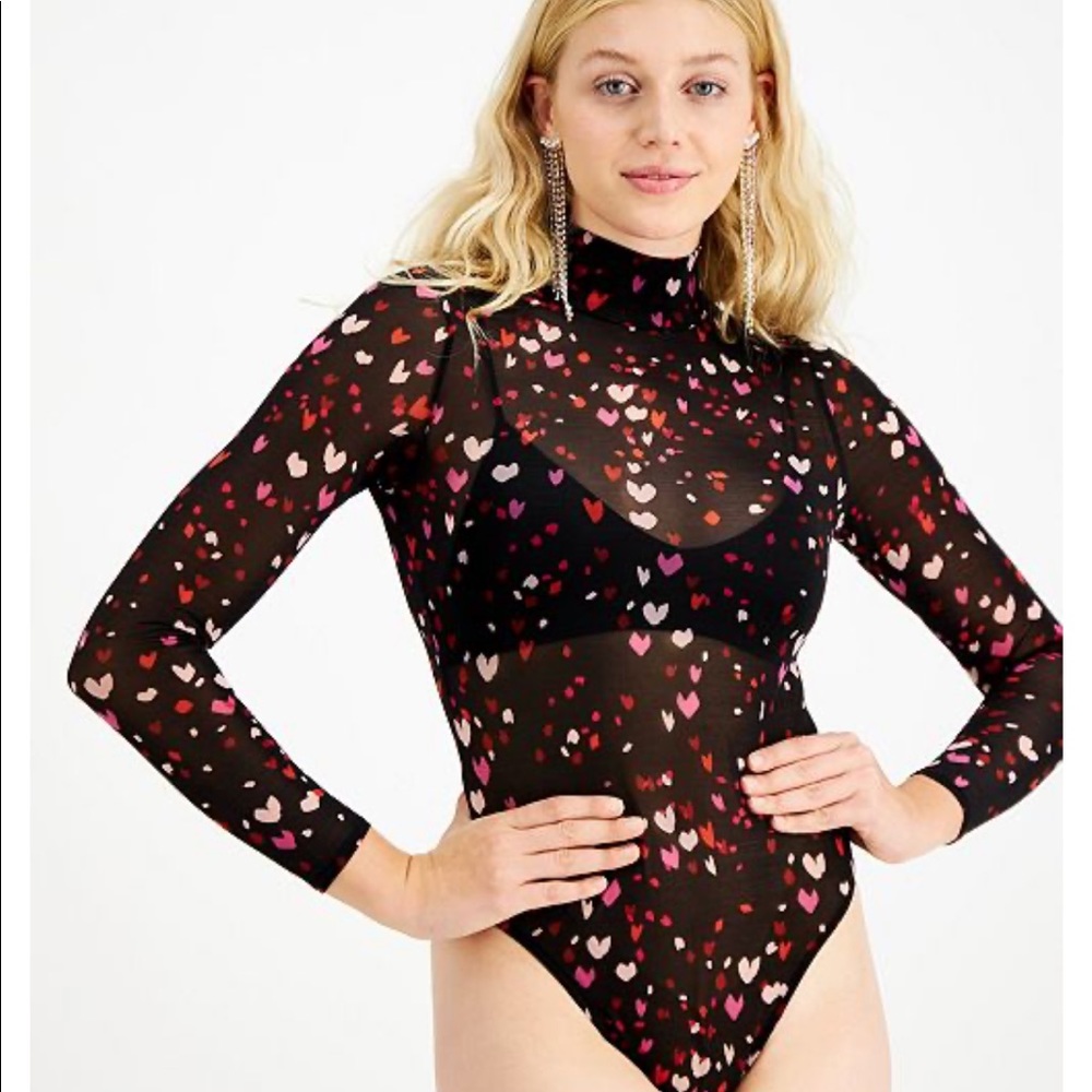 Bar III Black Red Pink Ditsy Heart Semi Sheer Top Bodysuit Mock Neck Long Sleeve